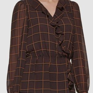 Calvin Klein Woman's Brown Printed Faux Wrap Top Blouse